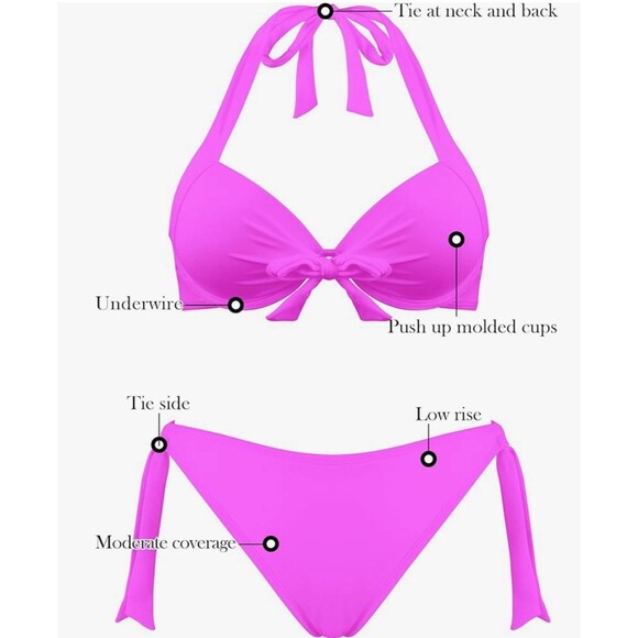 RELLECIGA Women Push Up Bikini Set Knot Front Underwire Swimsuits Pink XL - Picture 6 of 8
